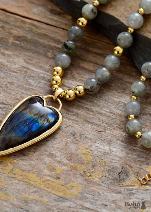 Boho Necklace, Seed Beads Gems Stone Heart Pendant Necklace
